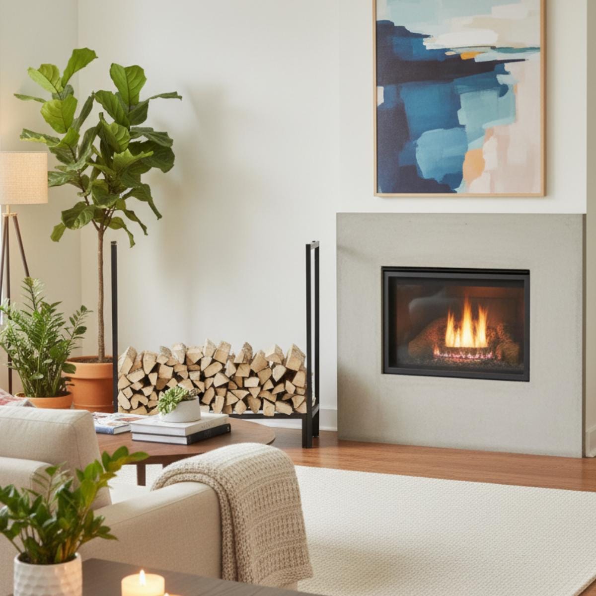 Firewood rack placed by window with natural light highlighting modern home design