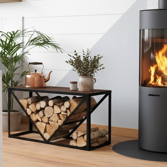 Firewood rack console table with metal frame and wood top used for indoor log storage in modern home