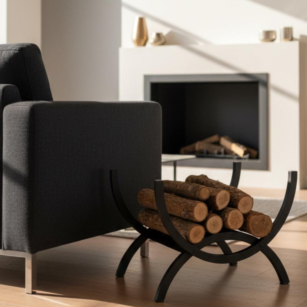 Firewood rack with curved design enhancing cozy fireplace home decor setting