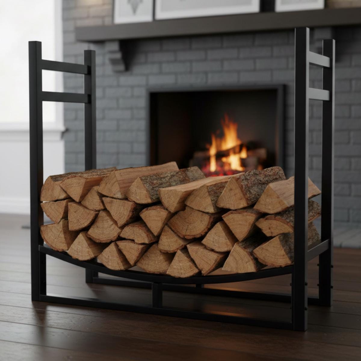 Firewood rack for living room, modern indoor log holder near fireplace