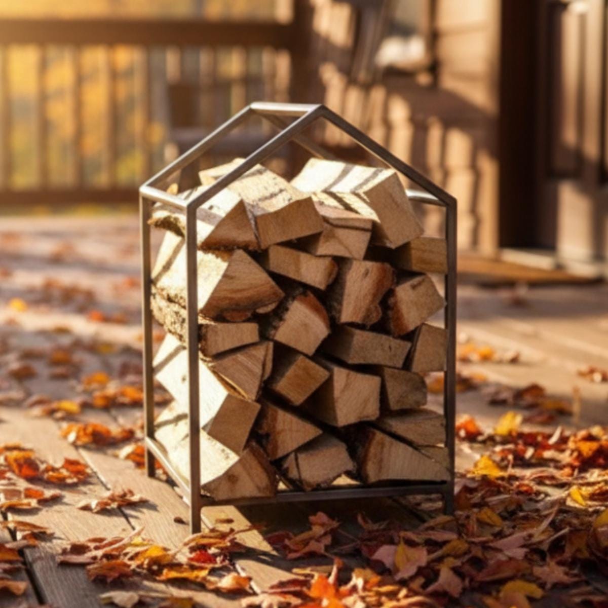 Firewood rack used as modern home decor piece in fireplace setting with warm lighting