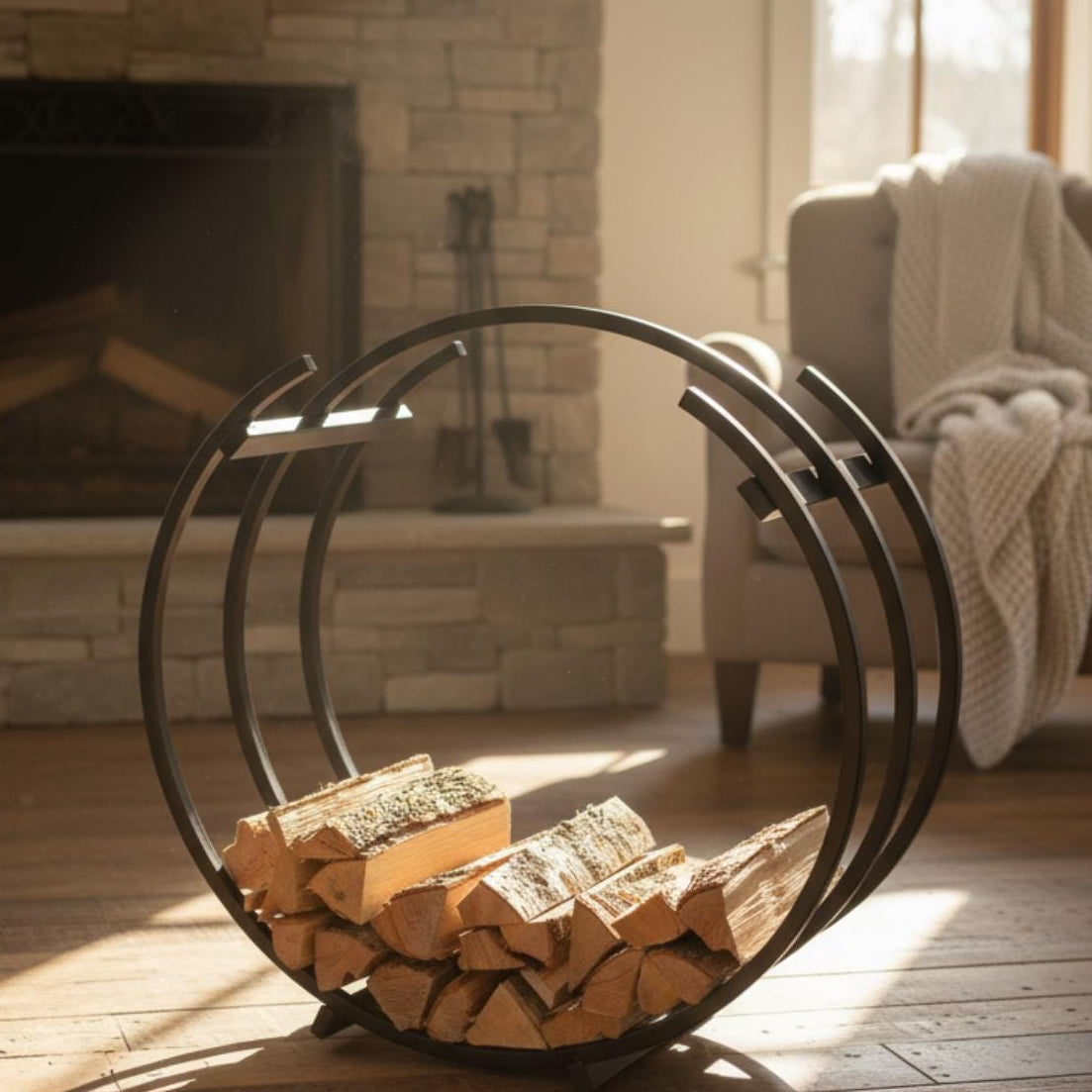 Firewood rack round design metal log holder used indoors near fireplace
