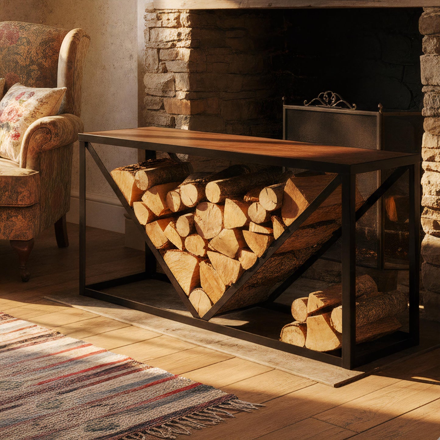 Firewood rack table with modern metal frame used for organized log storage