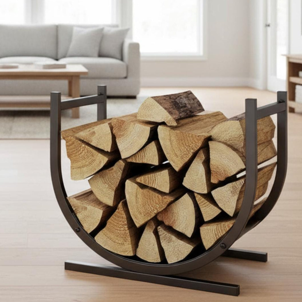 Firewood rack vertical design metal log holder used indoors near fireplace