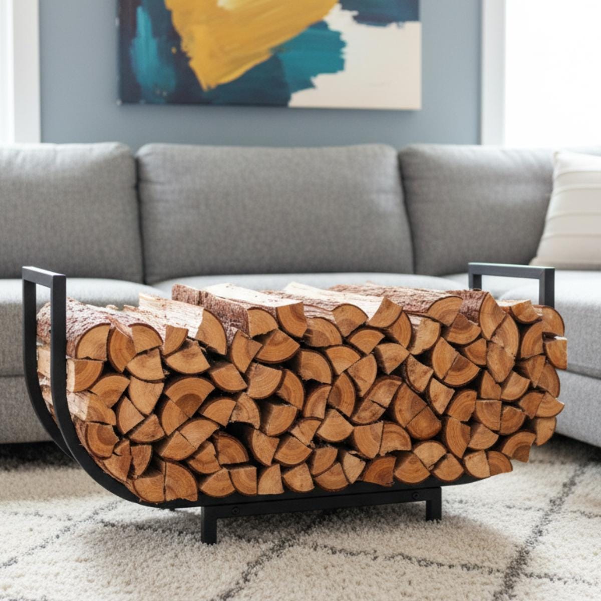 Firewood storage rack curved black metal indoor use