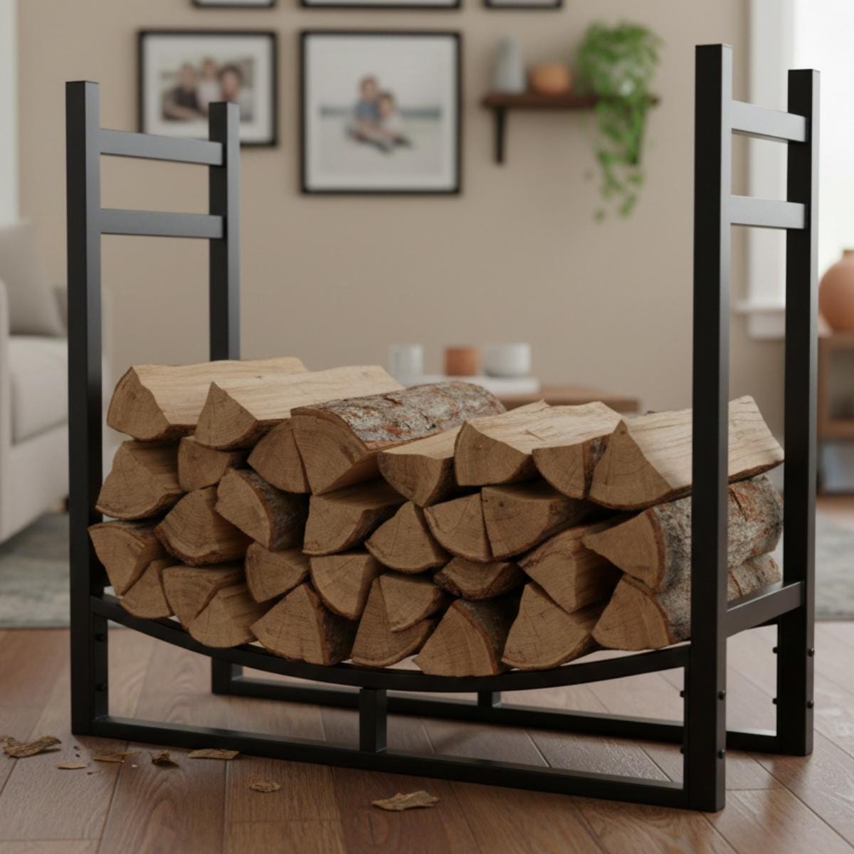 Heavy duty indoor firewood storage rack made of steel, black log holder for fireplace use