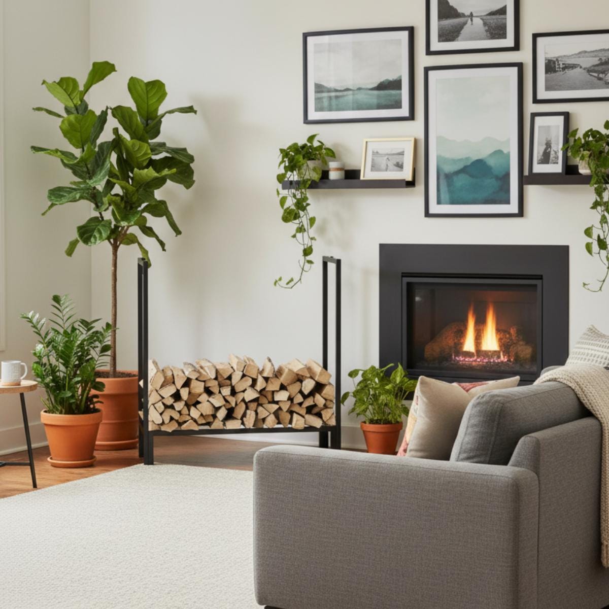 Firewood storage rack with metal frame used as functional decor in living room