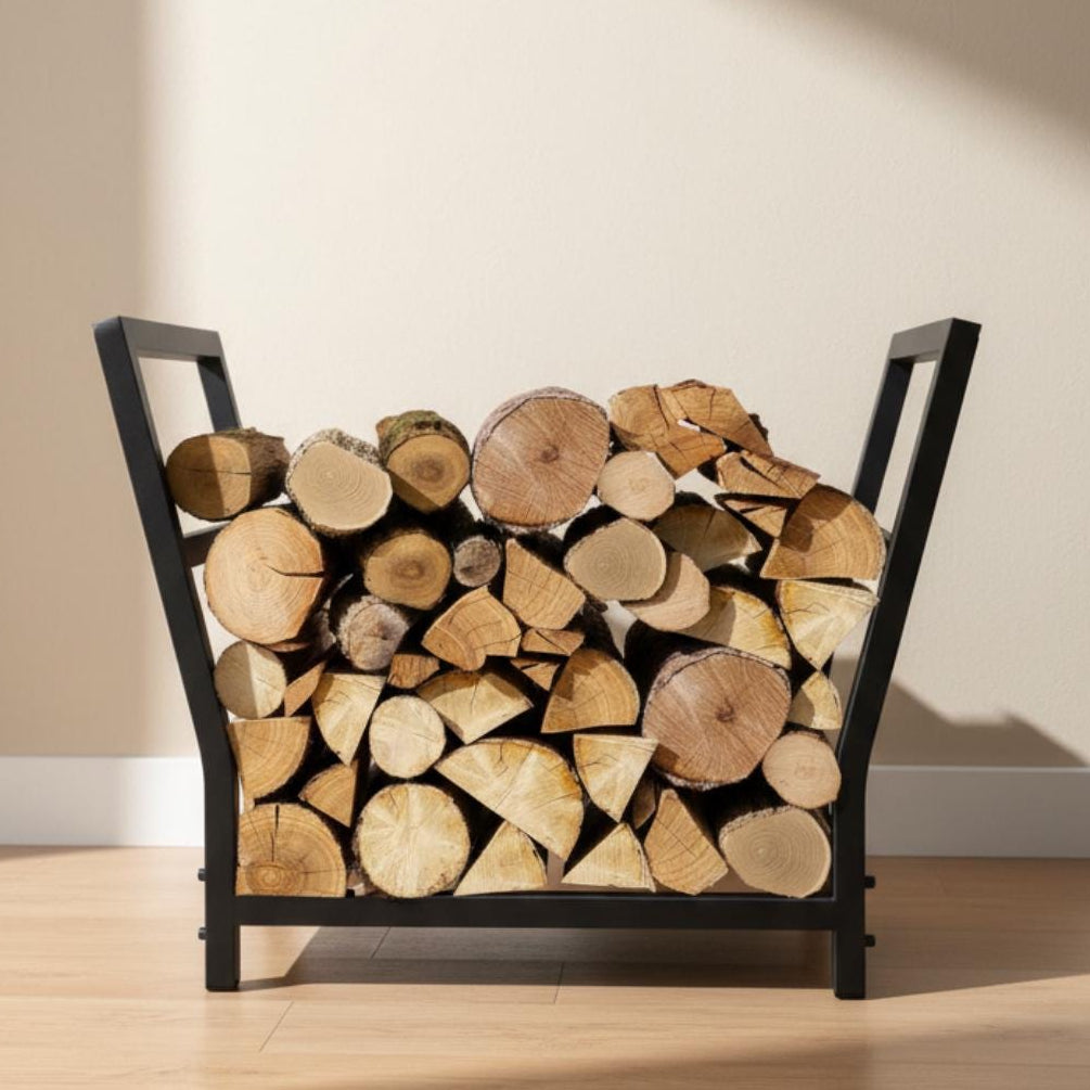 Firewood storage rack with modern metal frame for indoor use