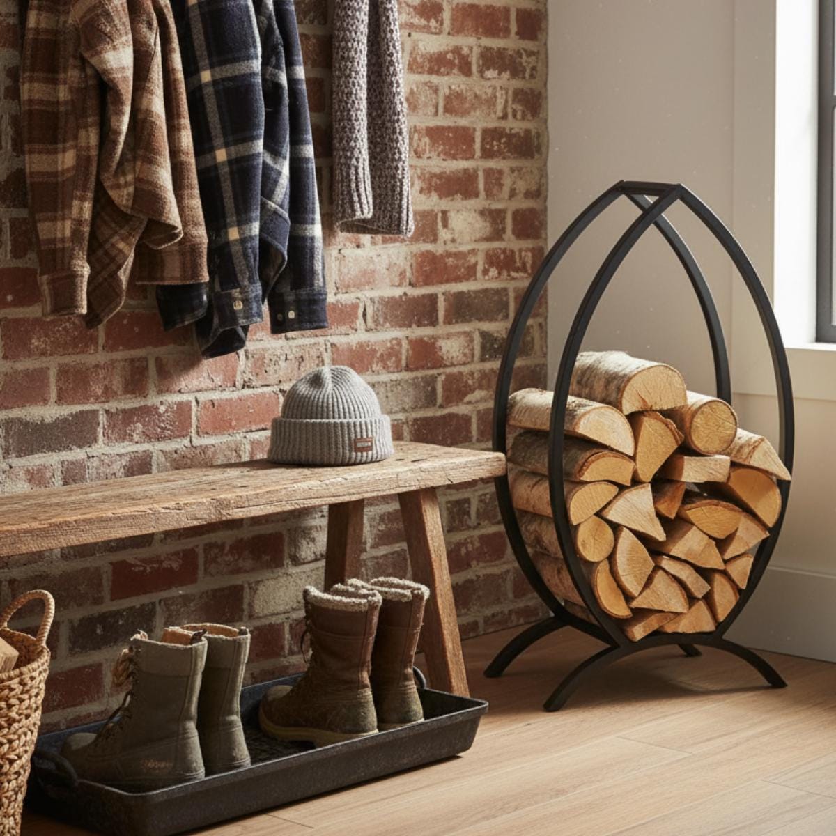 Firewood storage rack outdoor metal frame used for log holder near fire pit