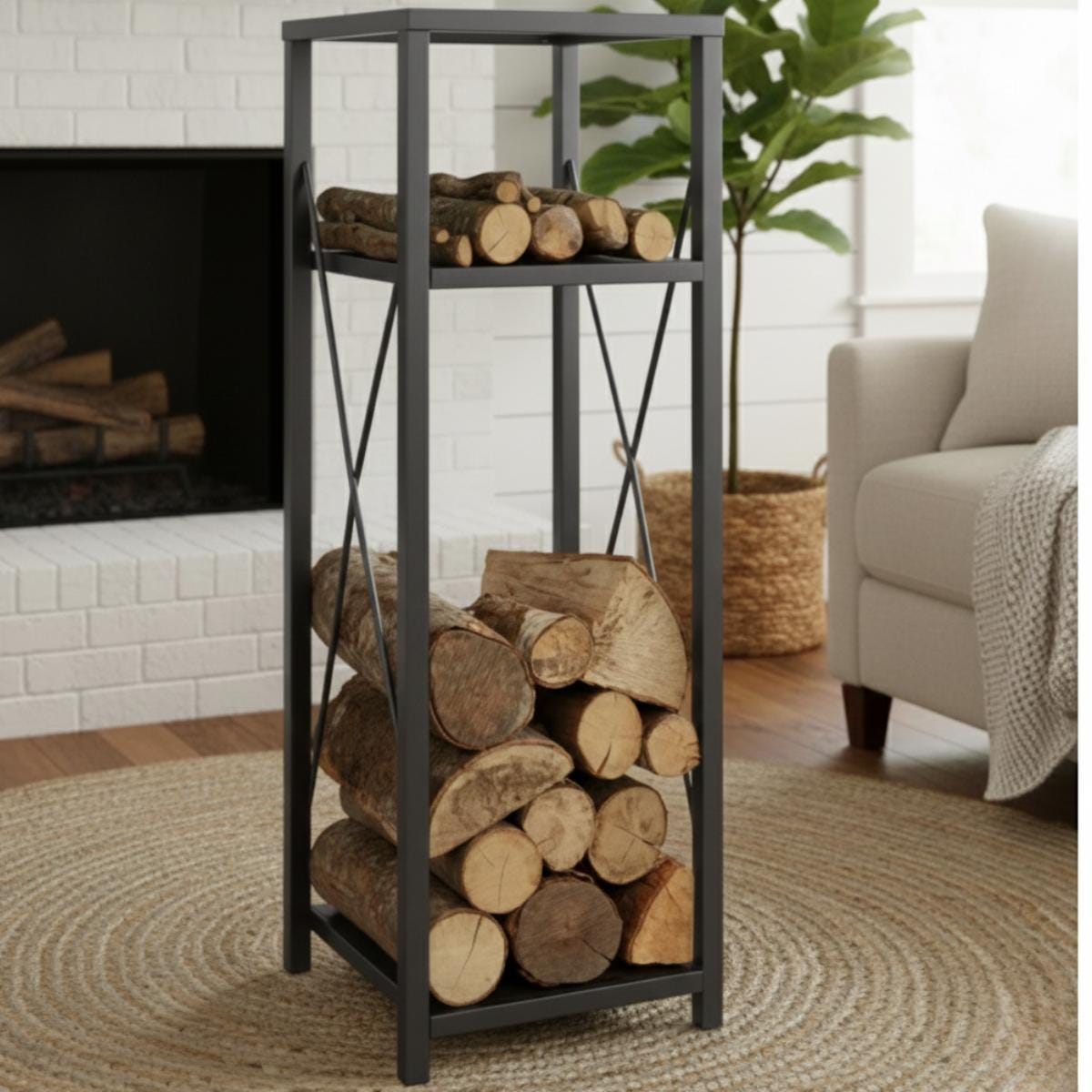 Firewood storage rack tall black metal holder for fireplace wood