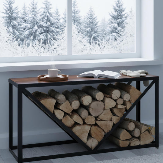 Firewood storage unit designed as console table for modern home interior setup