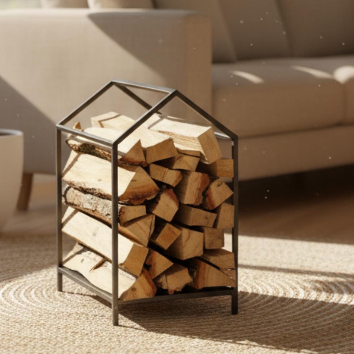 Firewood storage unit in modern home fireplace scene with stacked logs and cozy atmosphere