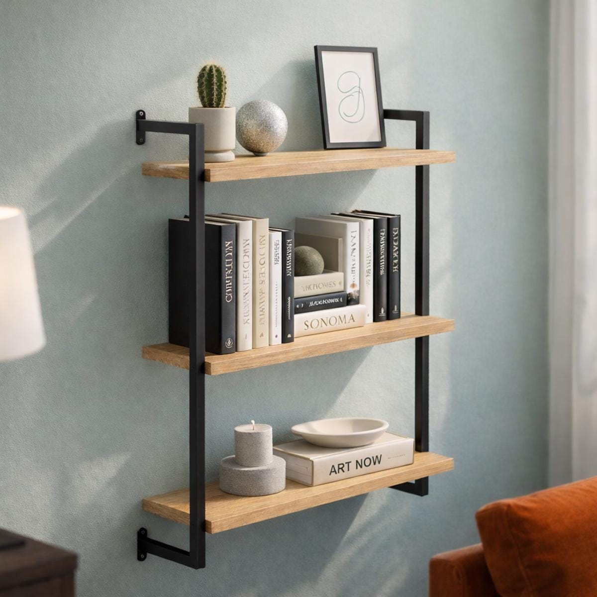 Floating wall shelf wood metal three tier modern shelving