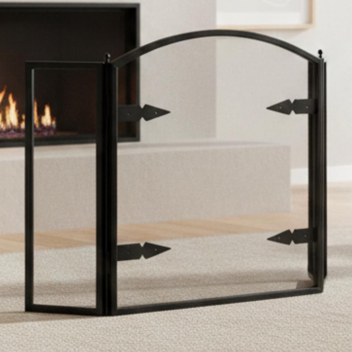 Folding fireplace screen arched black metal mesh fire spark guard