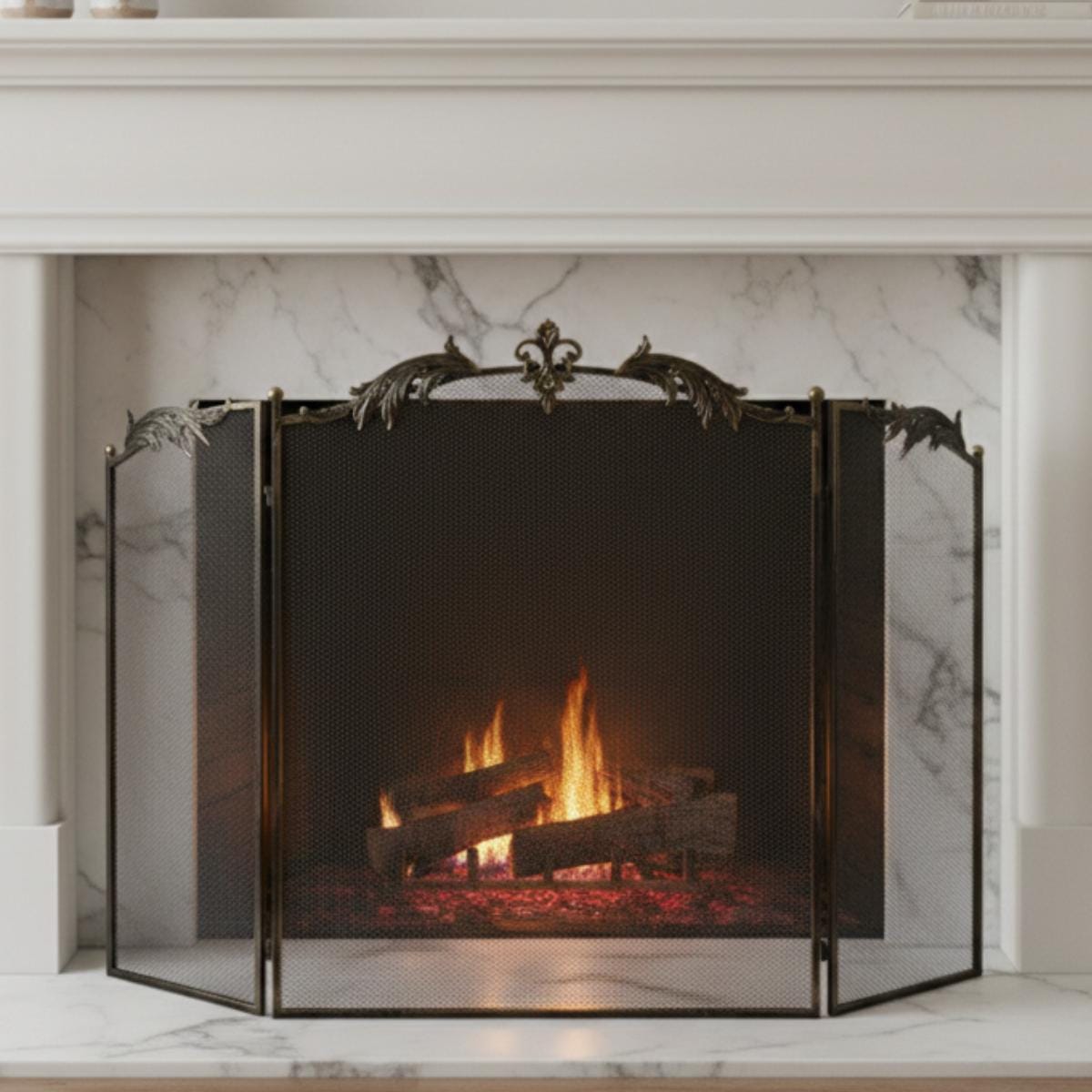Folding fireplace screen black metal mesh guard decorative design