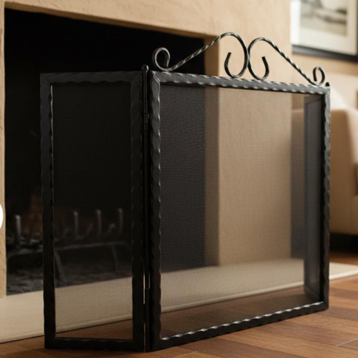 Folding fireplace screen black metal mesh panel fire spark guard