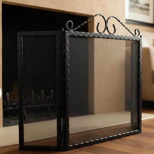 Folding fireplace screen black metal mesh panel fire spark guard