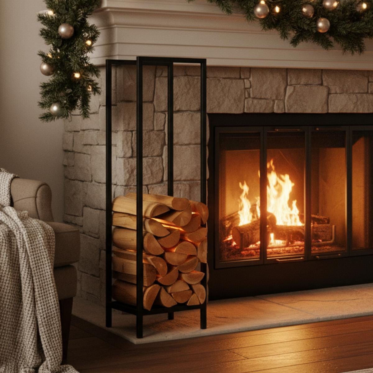Fireplace side firewood rack vertical black metal log holder, modern indoor firewood storage for living room, freestanding steel log rack for fireplace wood organization