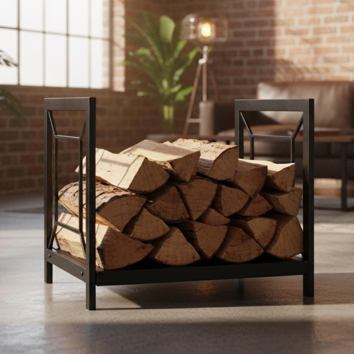 Outdoor firewood rack 60 cm black metal log holder for patio and backyard, modern firewood storage rack for firepit, freestanding steel log holder for indoor and outdoor use