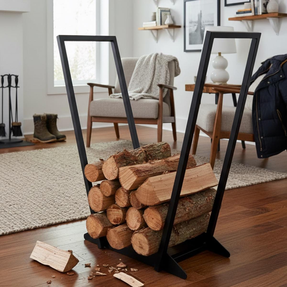 Freestanding firewood rack black metal indoor fireplace log holder