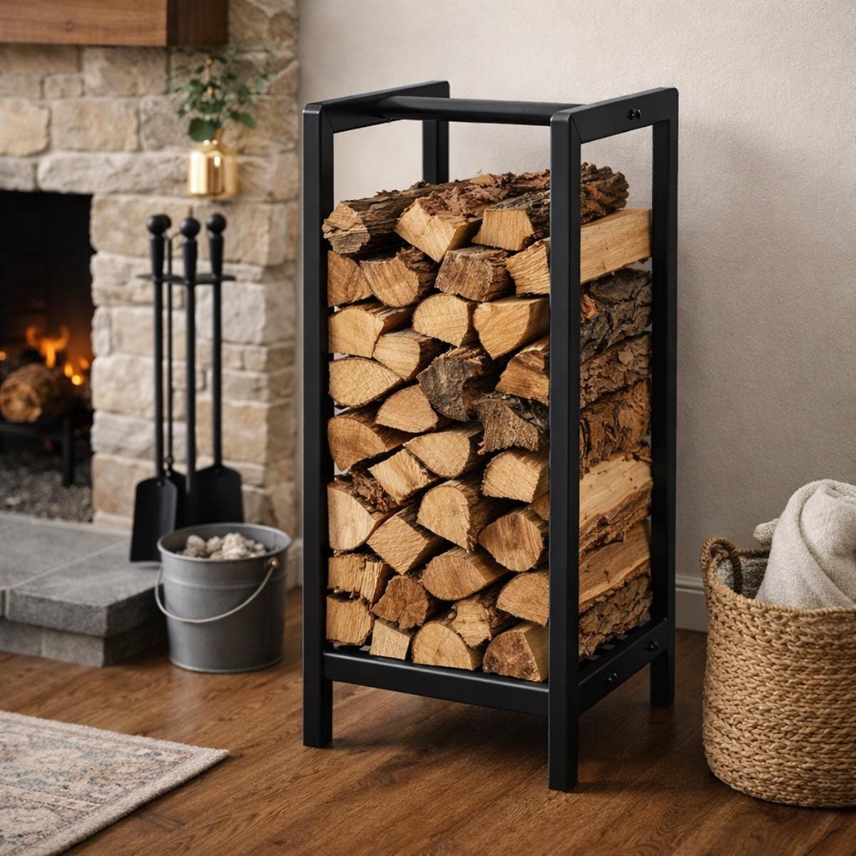 Freestanding firewood rack black metal indoor log holder