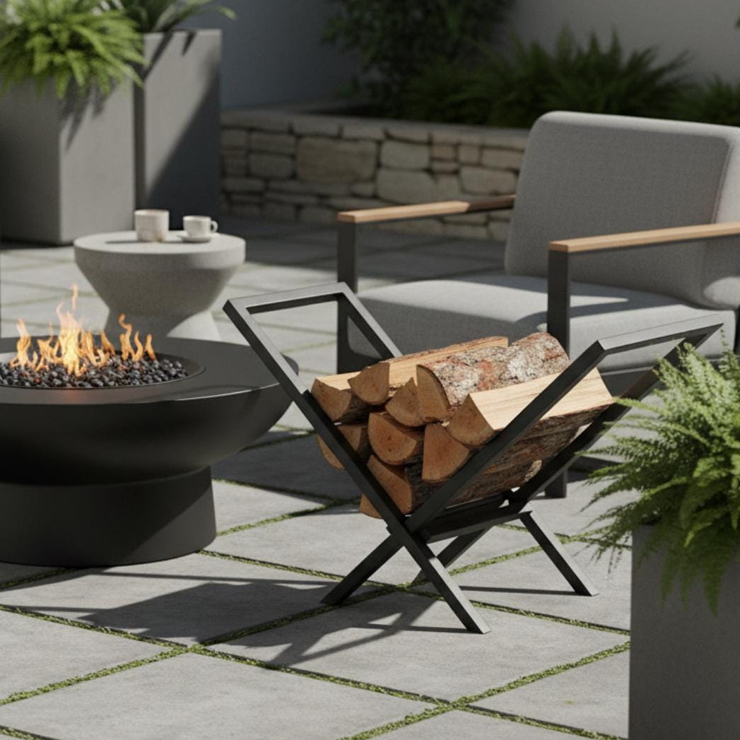 Freestanding firewood rack V shaped metal storage