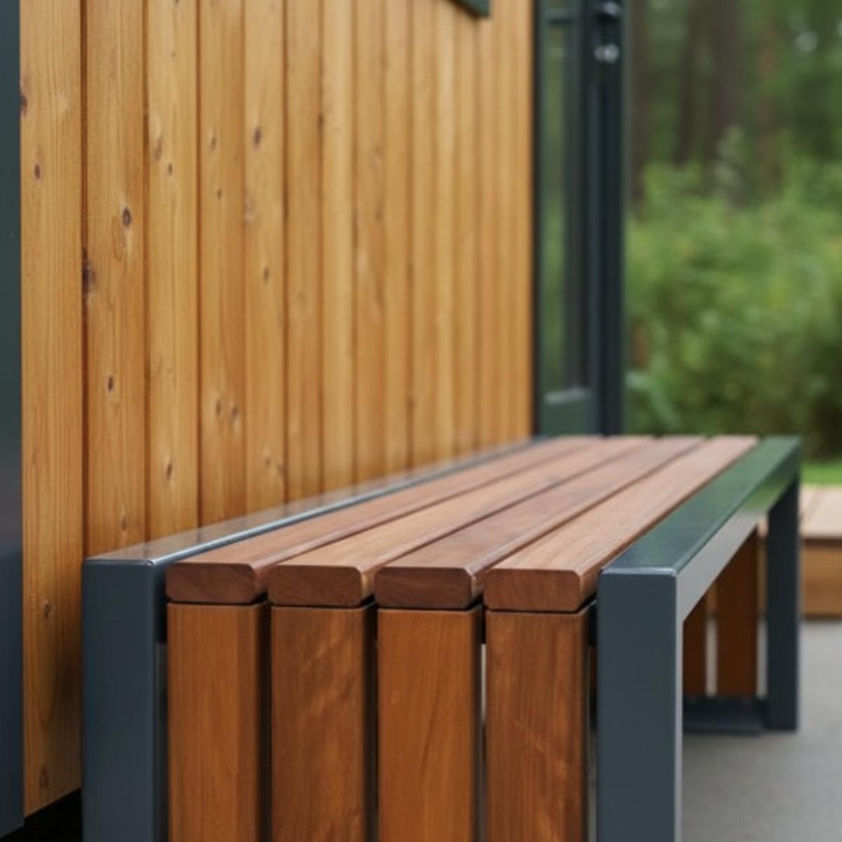 Garden bench combining wood and metal for modern outdoor furniture setup