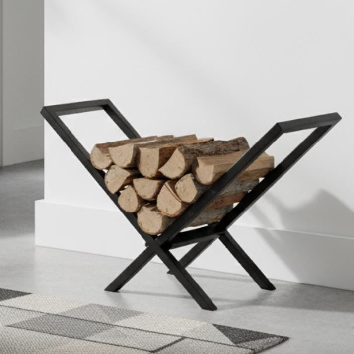 Geometric firewood rack black metal V shape design