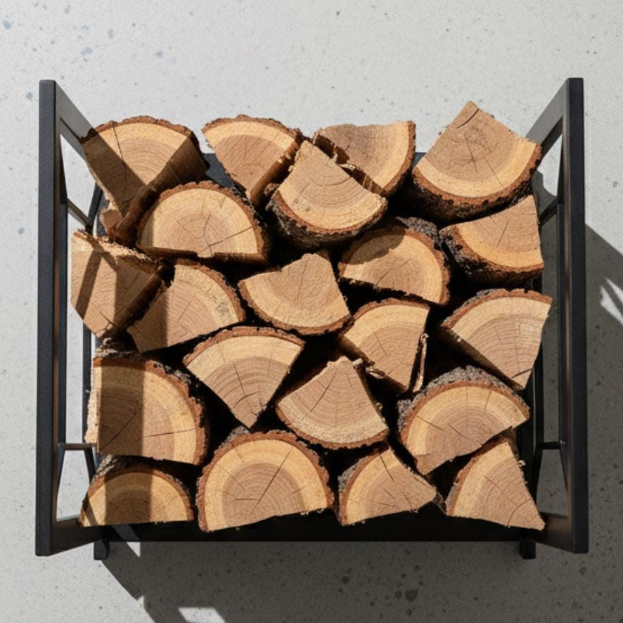 Outdoor firewood rack 60 cm black metal log holder for patio and backyard, modern firewood storage rack for firepit, freestanding steel log holder for indoor and outdoor use