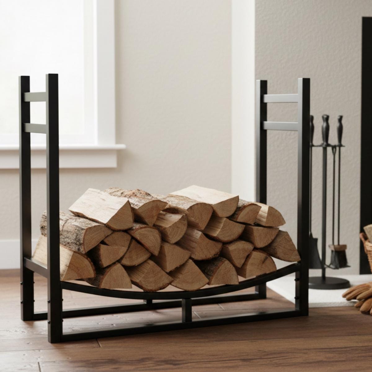 Heavy duty steel firewood rack for indoor use, strong log storage solution