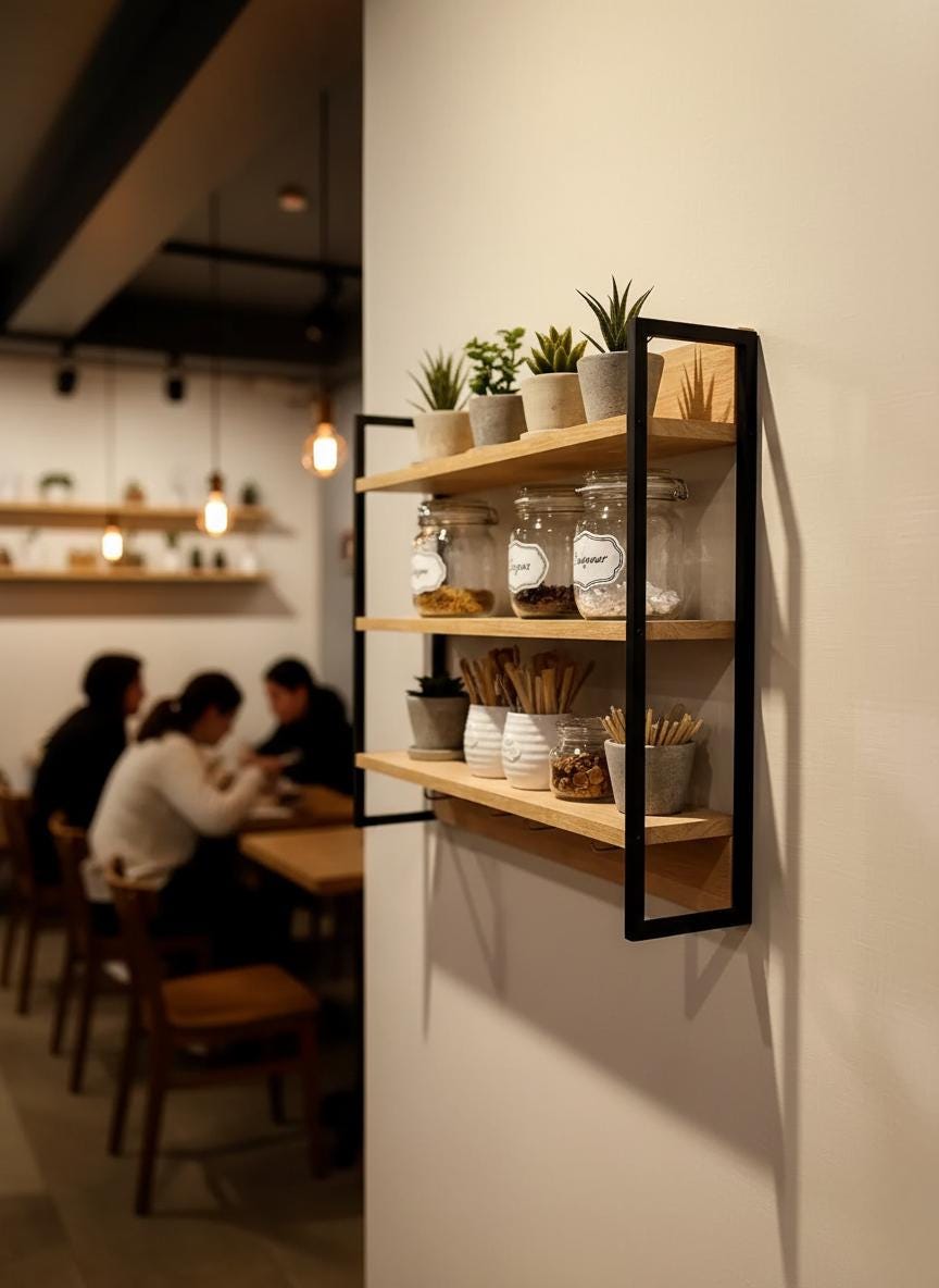 Wood and Metal Wall Shelf with Hooks – Minimalist Floating Shelves
