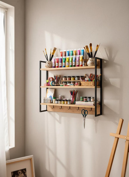 Wood and Metal Wall Shelf with Hooks – Minimalist Floating Shelves