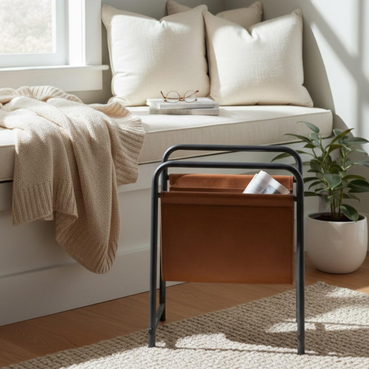 Modern Faux Leather Sling Magazine Rack – Black Metal Frame