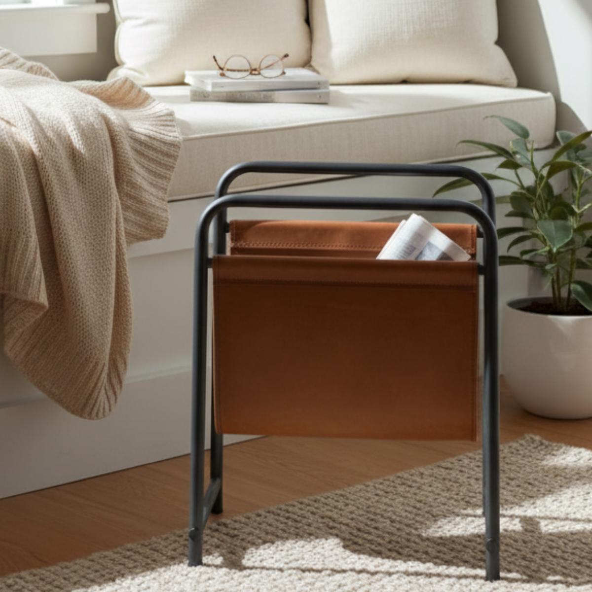 Modern Faux Leather Sling Magazine Rack – Black Metal Frame