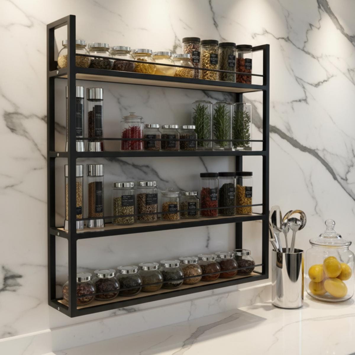 Farmhouse Matte Black Metal Spice Rack | Wall Mounted Kitchen Organizer