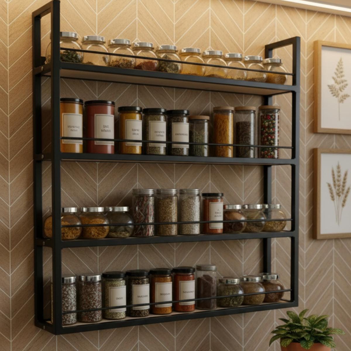 Farmhouse Matte Black Metal Spice Rack | Wall Mounted Kitchen Organizer