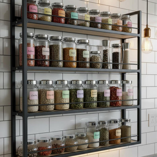 Farmhouse Matte Black Metal Spice Rack | Wall Mounted Kitchen Organizer