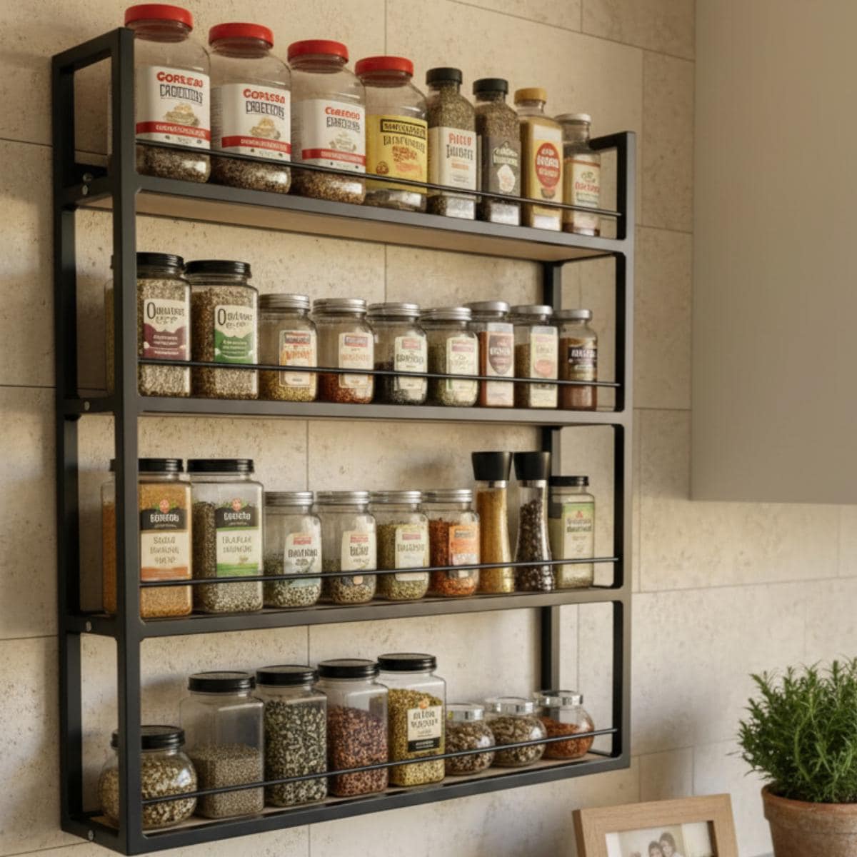 Farmhouse Matte Black Metal Spice Rack | Wall Mounted Kitchen Organizer