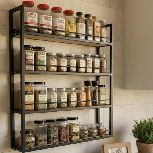 Farmhouse Matte Black Metal Spice Rack | Wall Mounted Kitchen Organizer