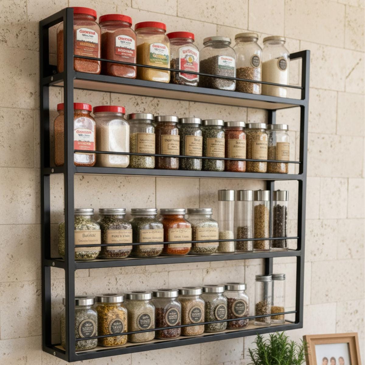 Farmhouse Matte Black Metal Spice Rack | Wall Mounted Kitchen Organizer