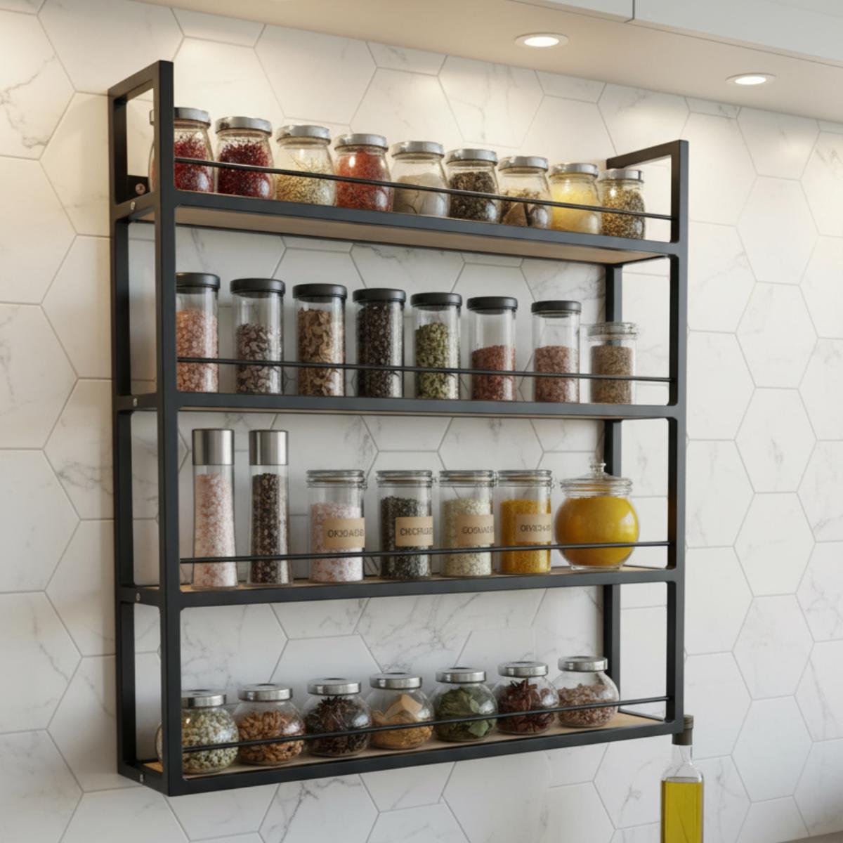 Farmhouse Matte Black Metal Spice Rack | Wall Mounted Kitchen Organizer