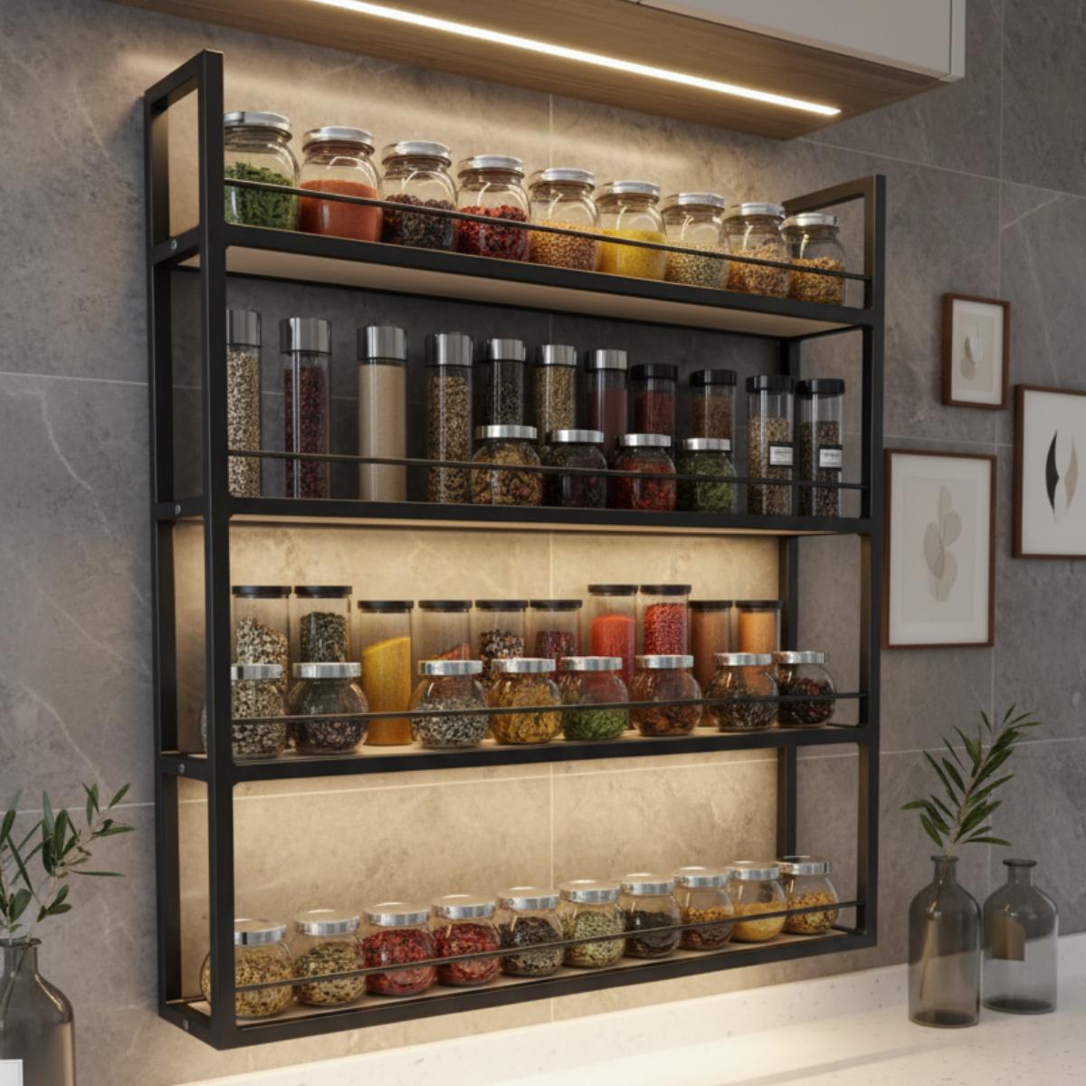 Farmhouse Matte Black Metal Spice Rack | Wall Mounted Kitchen Organizer