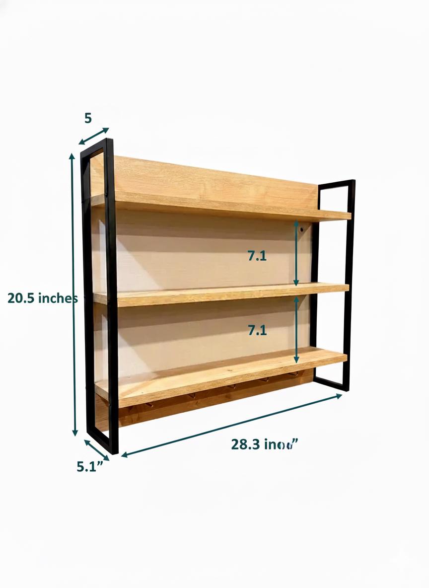 Wood and Metal Wall Shelf with Hooks – Minimalist Floating Shelves