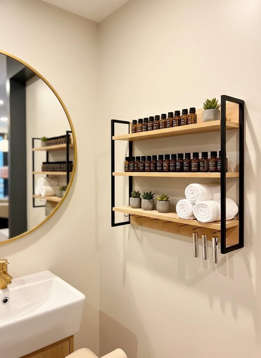 Wood and Metal Wall Shelf with Hooks – Minimalist Floating Shelves