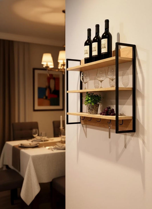 Wood and Metal Wall Shelf with Hooks – Minimalist Floating Shelves