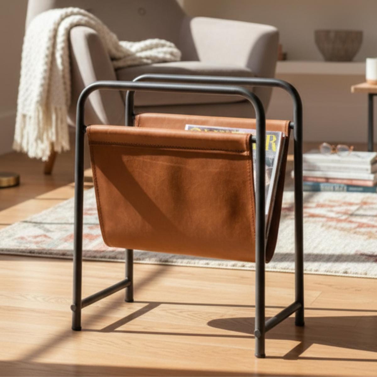 Modern Faux Leather Sling Magazine Rack – Black Metal Frame