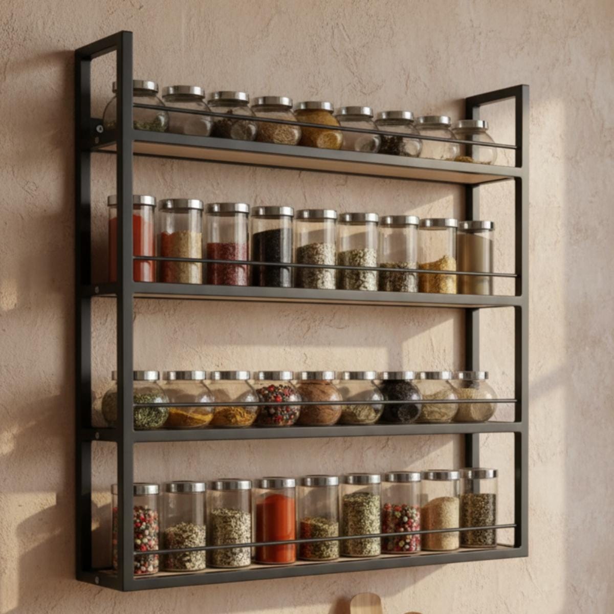 Farmhouse Matte Black Metal Spice Rack | Wall Mounted Kitchen Organizer