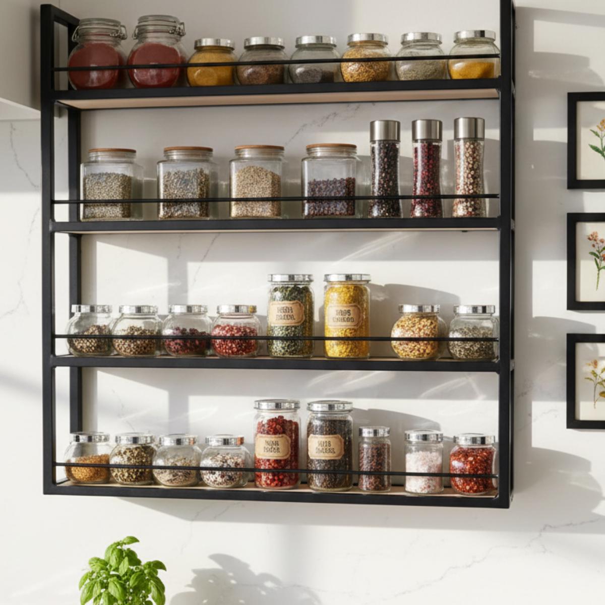 Farmhouse Matte Black Metal Spice Rack | Wall Mounted Kitchen Organizer