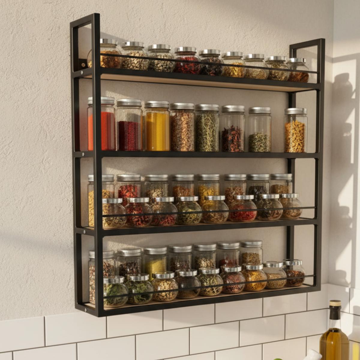 Farmhouse Matte Black Metal Spice Rack | Wall Mounted Kitchen Organizer