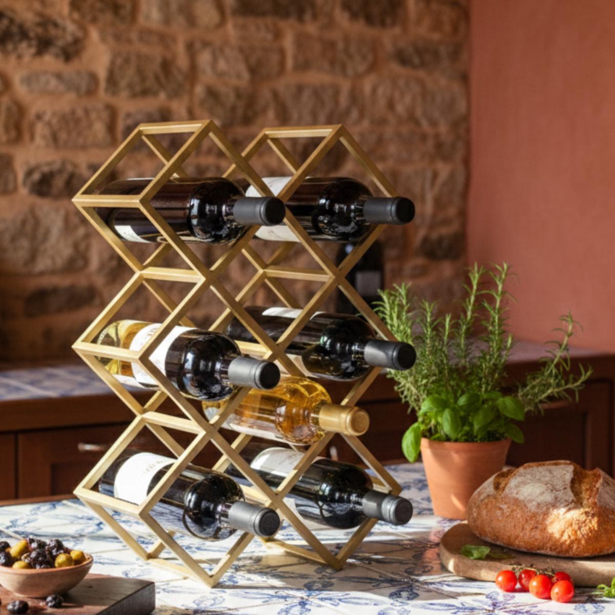 Geometric Gold Wine Rack | Modern Countertop Bottle Holder